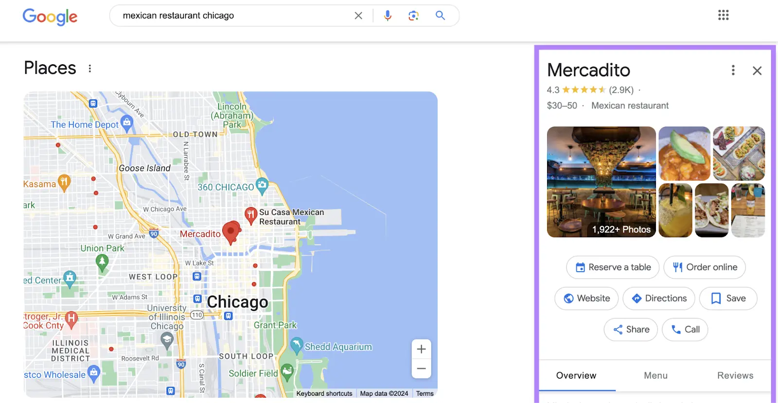 Google results for “mexican restaurant chicago” showing Mercadito’s Google Business Profile and map location