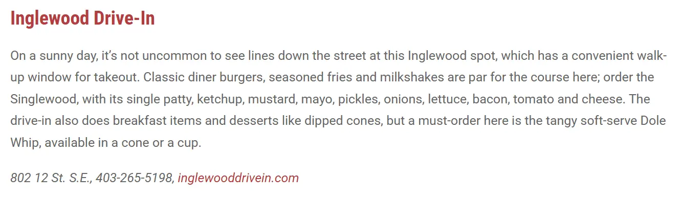 Inglewood Drive-In listing with a business description, street address, phone number, and website