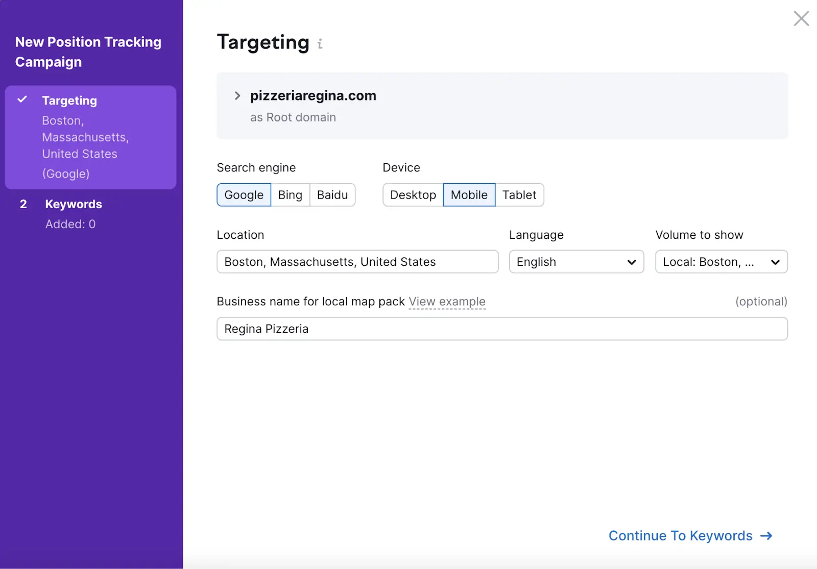 Semrush Position Tracking campaign setup targeting Google mobile rankings in Boston for Regina Pizzeria
