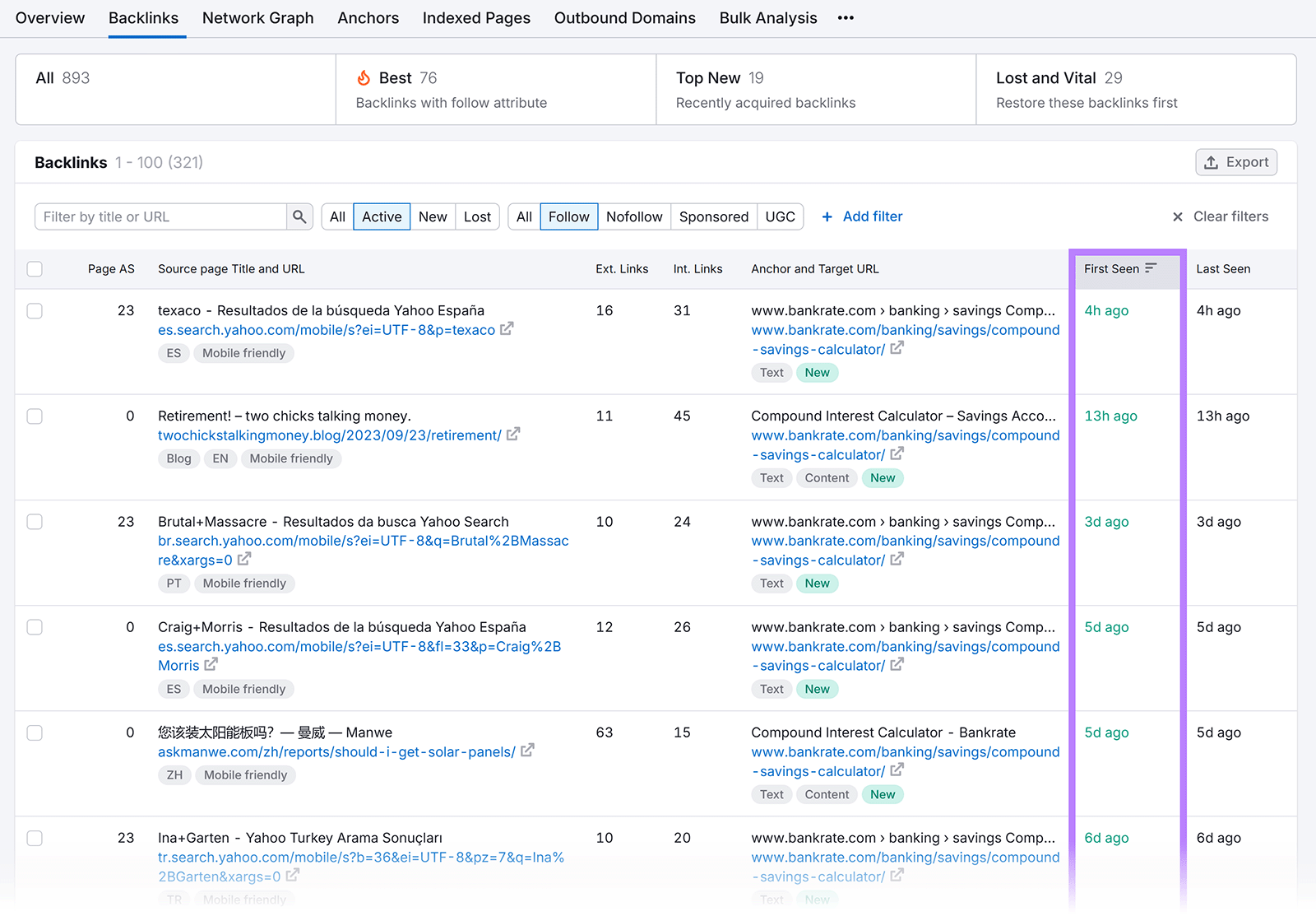 Backlinks report table highlighting “First Seen” column showing recently discovered backlinks