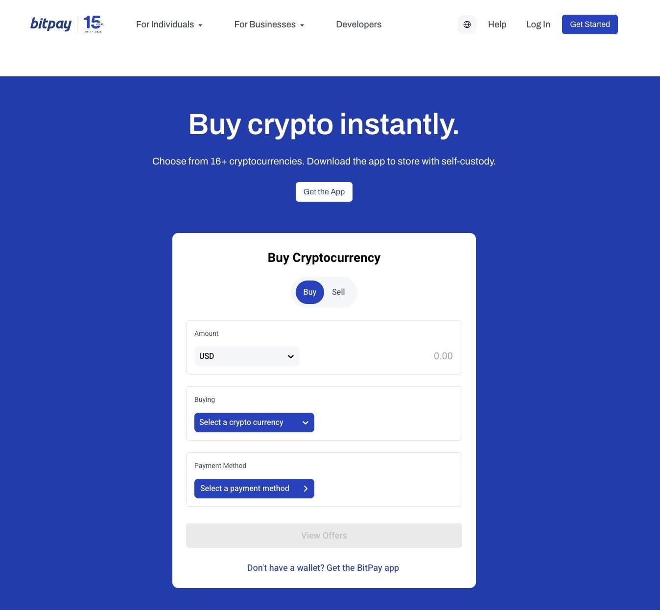 A purchase form on BitPay's page targeting the term "buy crypto online".